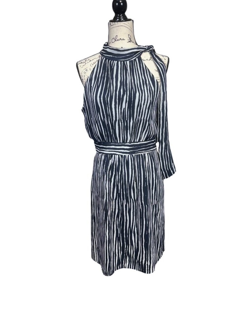 Striped Halter Tie Neck Dress With Belted Waist - Black & White - Size S - New W